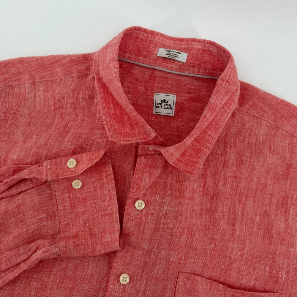 Peter Millar Button Down Mens XL Red 100% Linen Long Sleeve MS14W60CFL